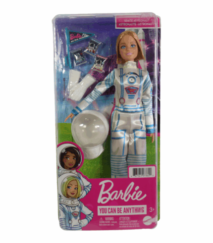 Muñeca Barbie rubia con traje espacial blanco y azul