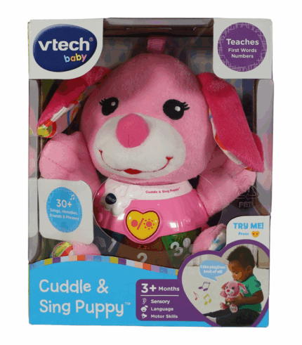 VTech Baby Cuddle & Sing Puppy rosa | Juguete de peluche interactivo con canciones para el aprendizaje de bebés y desarrollo sensorial.