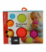 Set de pelotas de juguete Infantino para bebés con 6 unidades de diferentes texturas y colores vibrantes.
