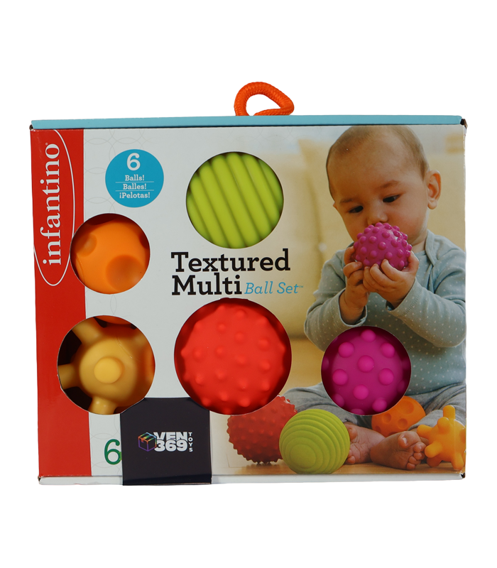 Set de pelotas de juguete Infantino para bebés con 6 unidades de diferentes texturas y colores vibrantes.