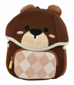Mochila infantil de color marrón oscuro con forma de cara de oso