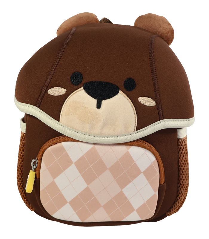 Mochila infantil de color marrón oscuro con forma de cara de oso