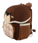 y un bolsillo frontal con cremallera y patrón de cuadros beige y rosa.