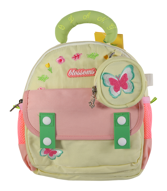 Mochila pequeña o preescolar para niña en colores amarillo claro y rosa. Presenta un asa verde acolchada