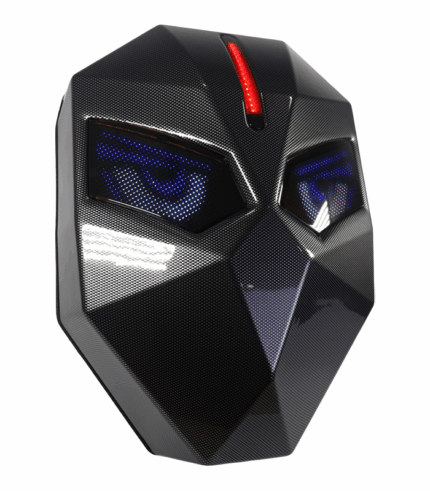 que presenta un diseño frontal estilo máscara con luces LED azules programables y una línea LED de seguridad roja en la parte superior.
