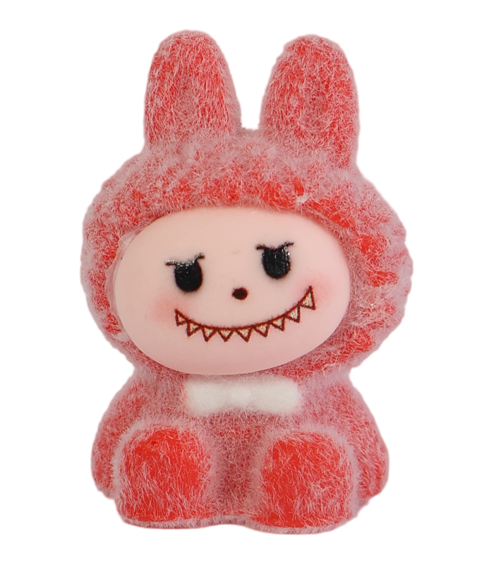 labubu-figura-conejo-rosa-flocked-coleccionable-popmart Primer plano de una figura coleccionable de Labubu de Pop Mart