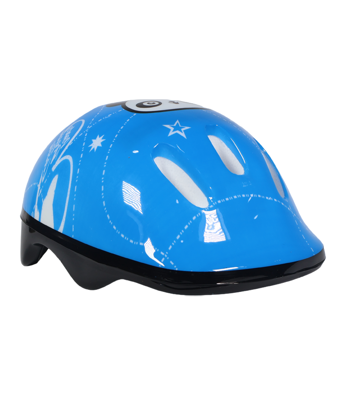 Primer plano de un casco protector infantil de color azul brillante con gráficos de estrellas blancas