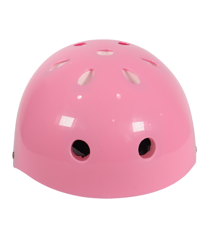 Primer plano de un casco de protección deportivo infantil de color rosa brillante y acabado lustroso
