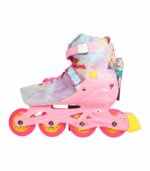Vista lateral de un patín en línea juvenil ajustable de color rosa