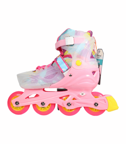 Vista lateral de un patín en línea juvenil ajustable de color rosa