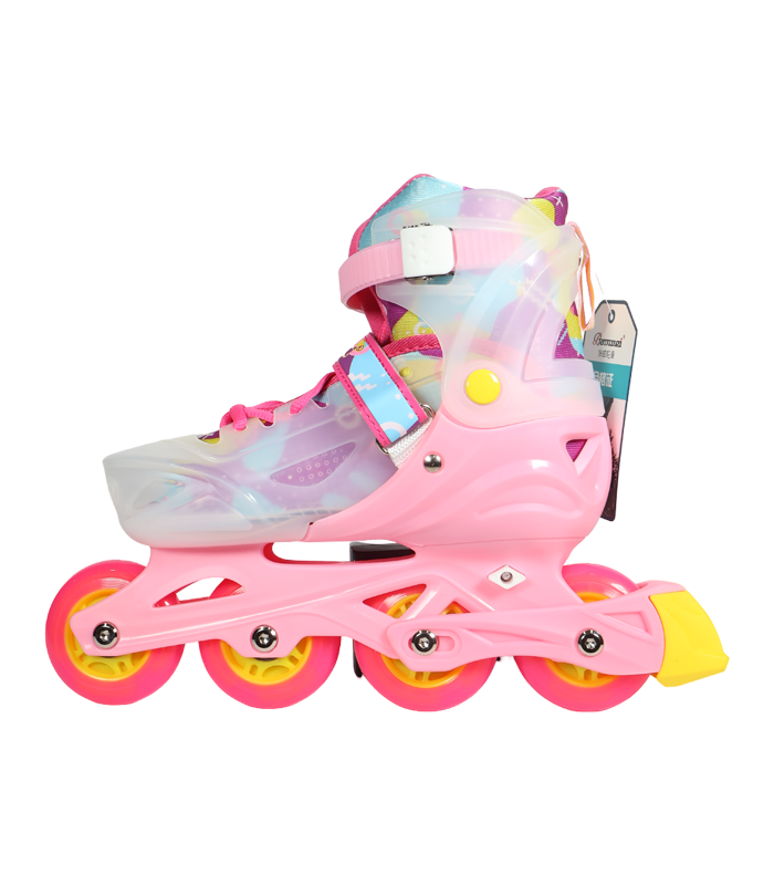 Vista lateral de un patín en línea juvenil ajustable de color rosa