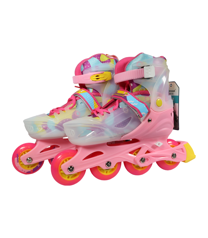 con diseño psicodélico en la bota interior y ruedas rosas con centros amarillos