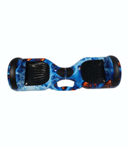 Vista superior de un hoverboard eléctrico autoequilibrado con carcasa en patrón marmoleado azul profundo y naranja