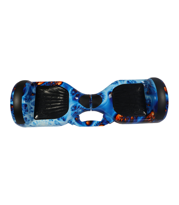 Vista superior de un hoverboard eléctrico autoequilibrado con carcasa en patrón marmoleado azul profundo y naranja