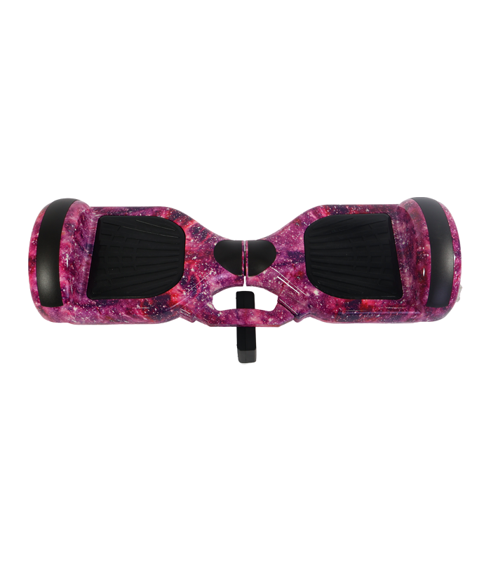 Vista frontal de una patineta eléctrica (hoverboard) de dos ruedas con un vibrante patrón de galaxia en tonos de rosa oscuro