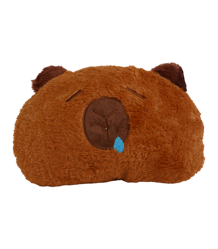 Primer plano de un peluche suave en forma de cabeza de Capybara de color marrón