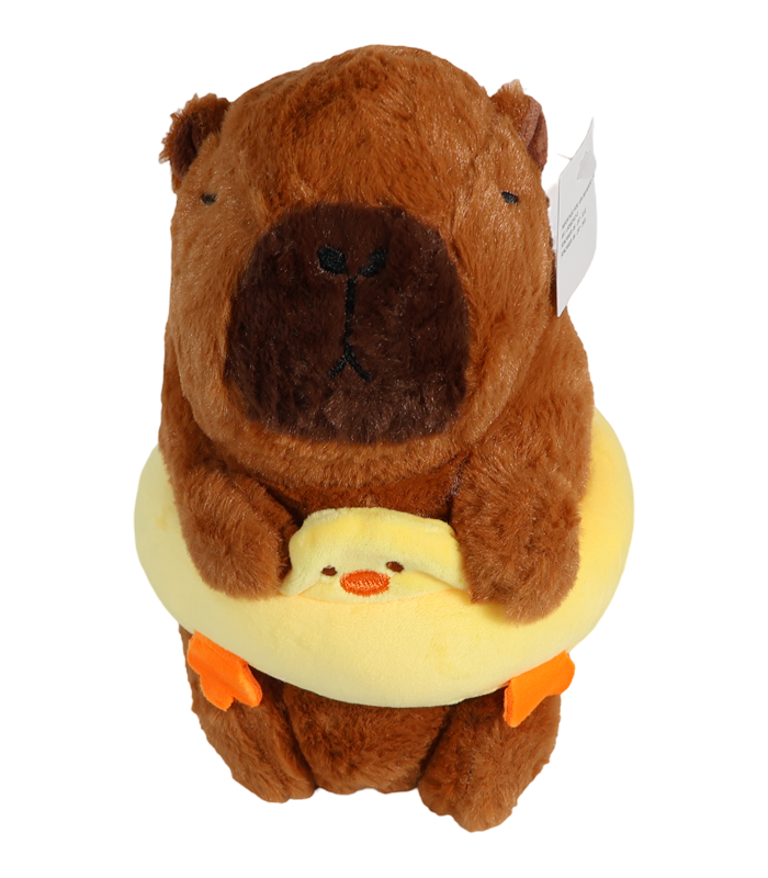 sentado y abrazando un gran anillo flotador de natación amarillo con una pequeña cara de patito sobresaliendo.