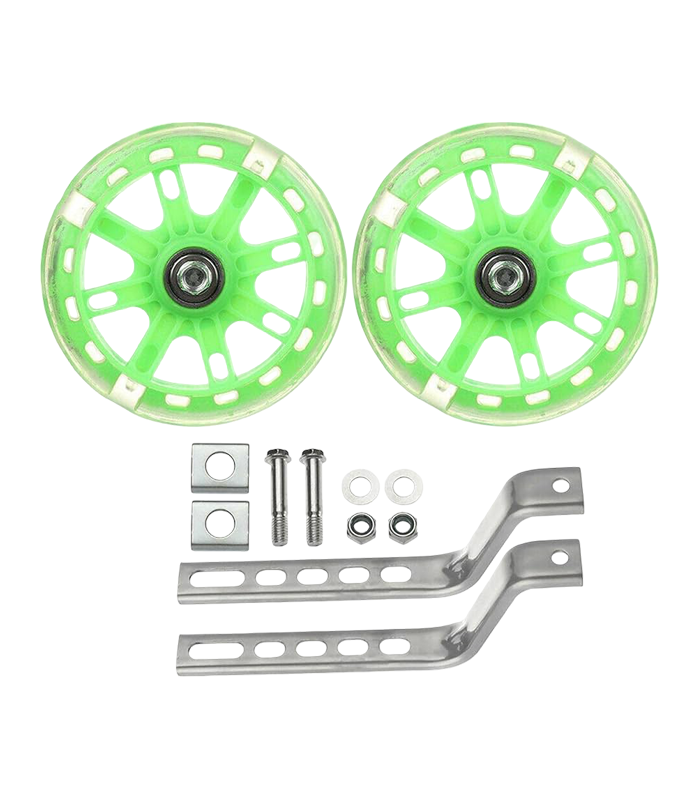 Par de ruedas estabilizadoras de entrenamiento de color verde brillante y transparente