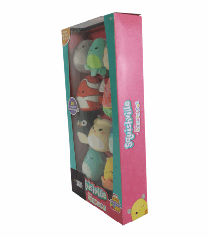 mostrando cuatro mini peluches de frutas y dos áreas de misterio