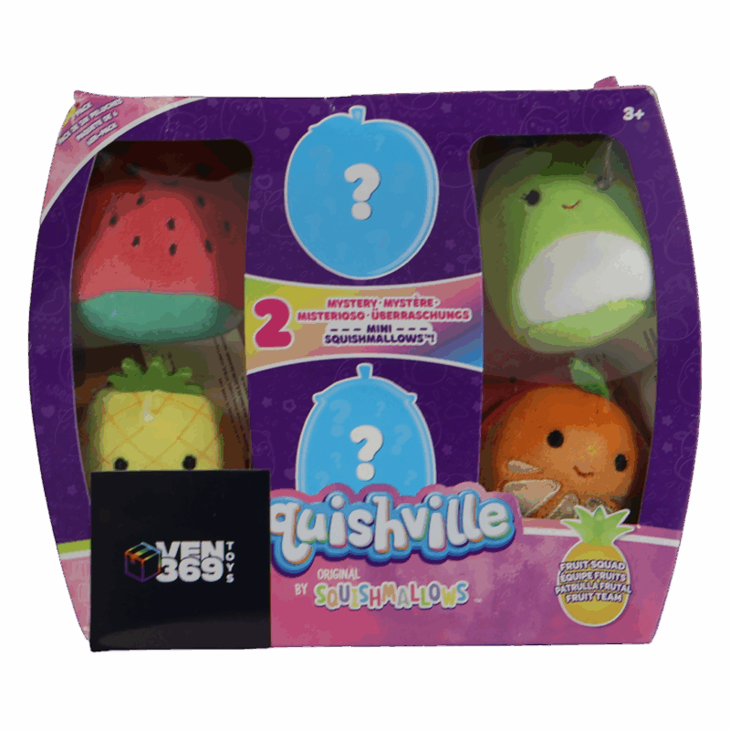 Set de 6 mini Squishmallows Squishville Patrulla Frutal con dos figuras misteriosas